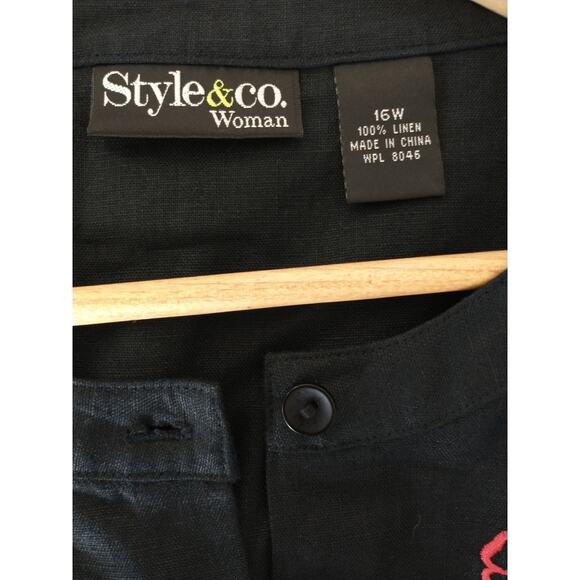 Style & Co Woman's Linen Tunic Top 16W Black Embroidery Dark Cottage Lagenlook - Picture 5 of 12